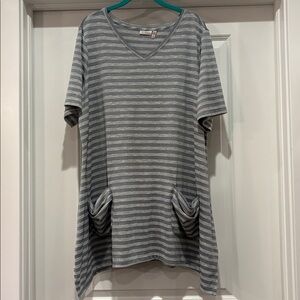 LOGO by Lori Goldstein Gray and White Striped V-Neck Tunic